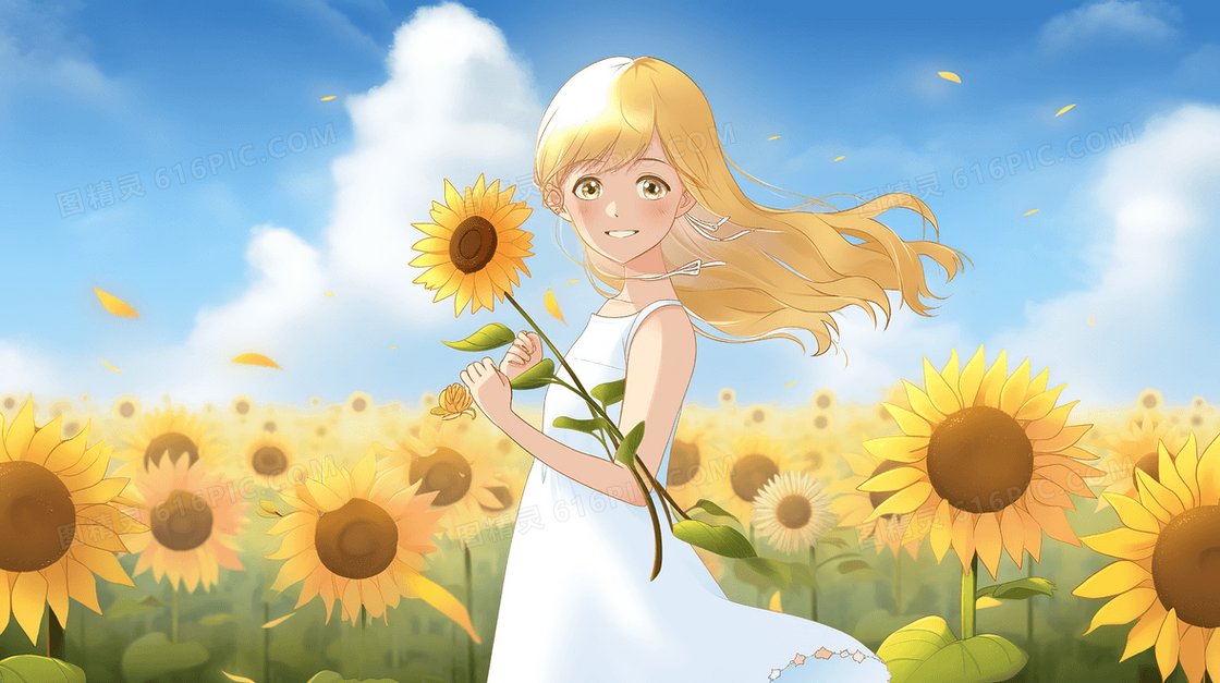 穿着白色连衣裙的可爱金发女孩在向日葵花海中创意插画