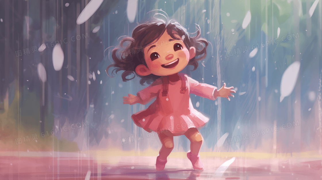 粉色卡通雨中小女孩插画
