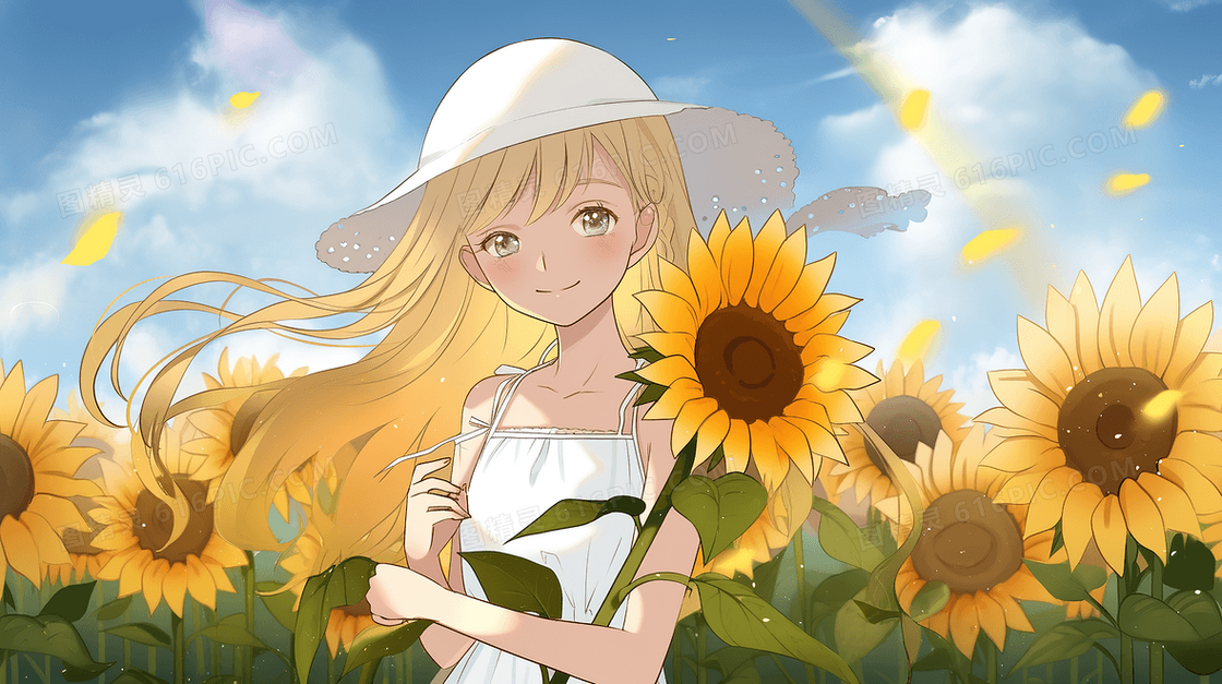 穿着白色连衣裙的可爱金发女孩在向日葵花海中创意插画