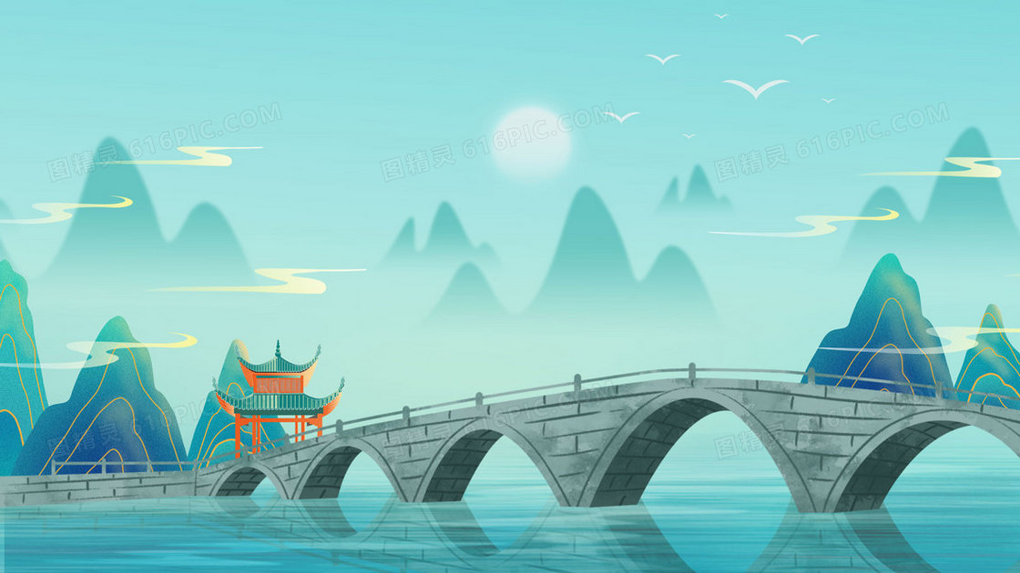 国潮山水楼阁插画