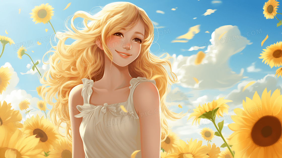 美丽的金发女孩站在向日葵花海中露出了开心的笑容创意插画
