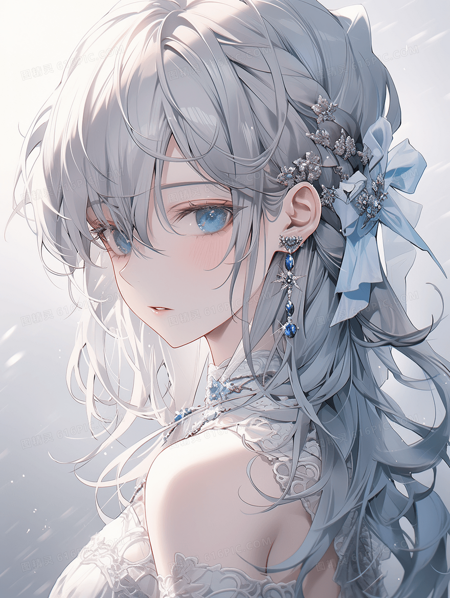 卡通动漫白色长发少女人物插画