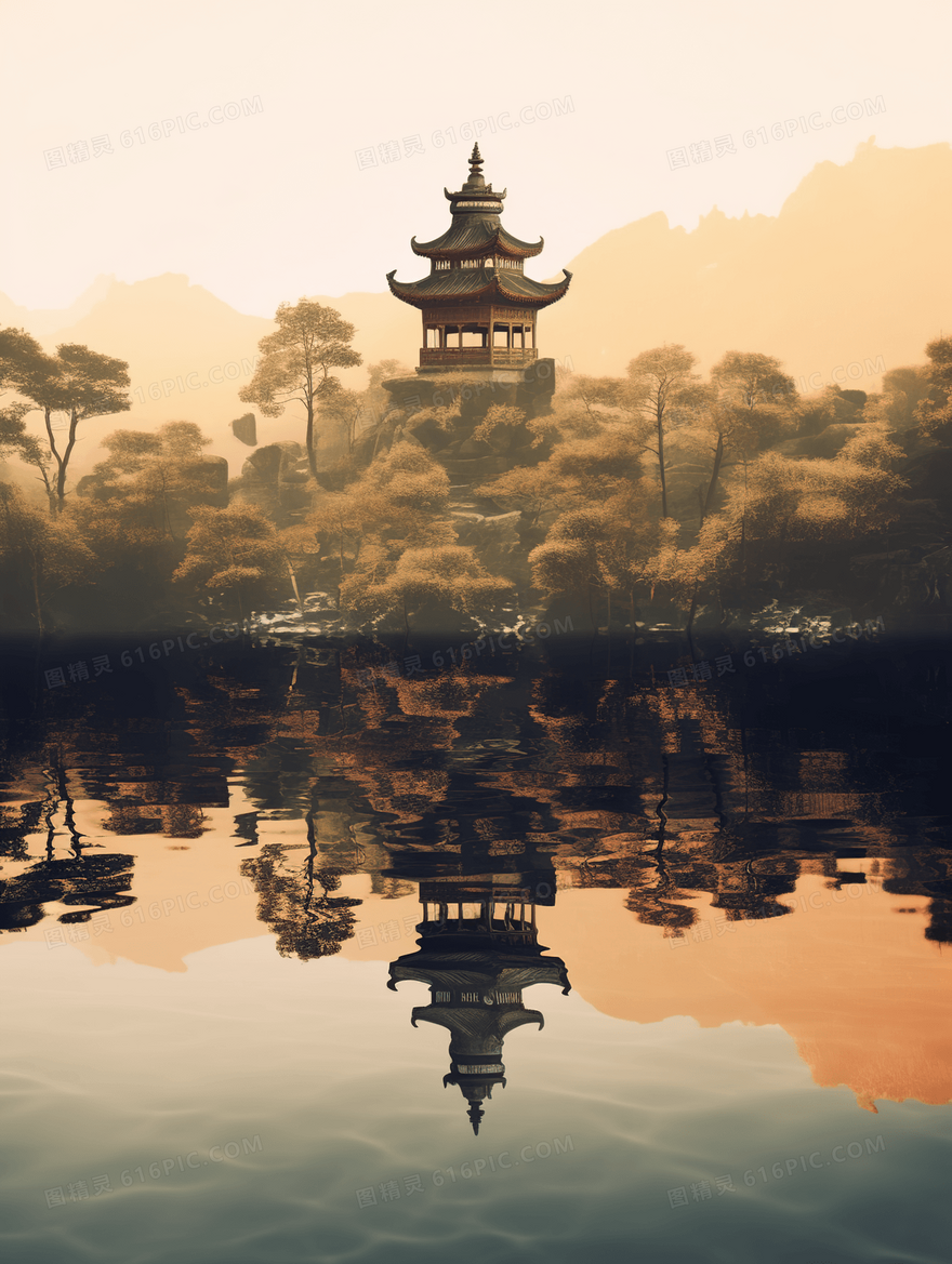 中国风唯美水中倒影古建筑风景插画