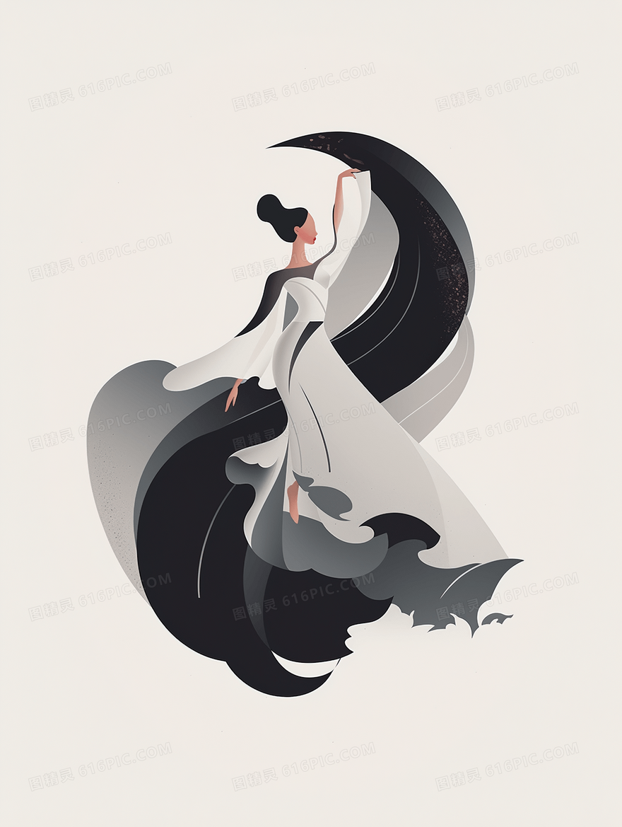 简约中式雅致禅意唯美意境长裙女孩人物插画