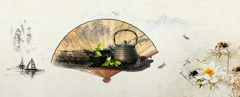 中国风山水画折扇茶叶详情页海报背景