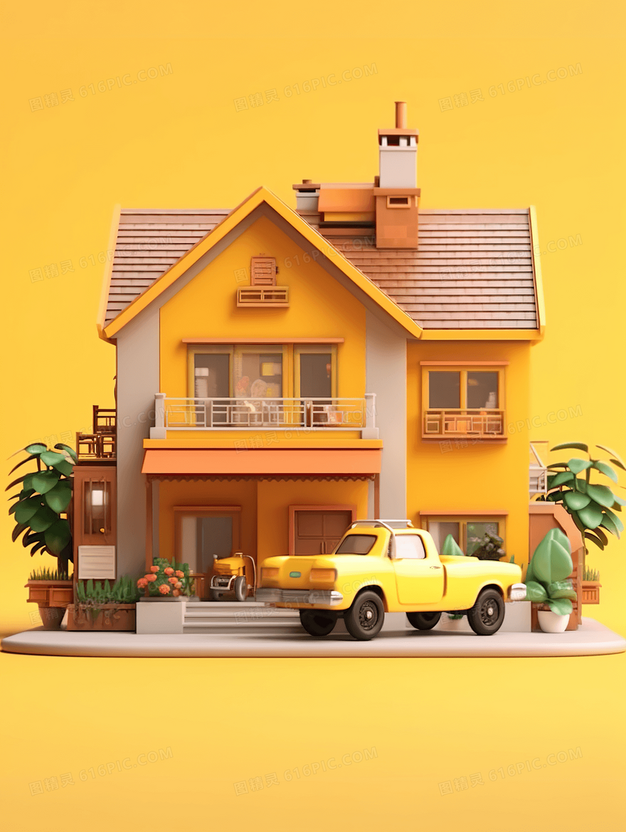 黄色3D立体C4D几何建筑模型插画