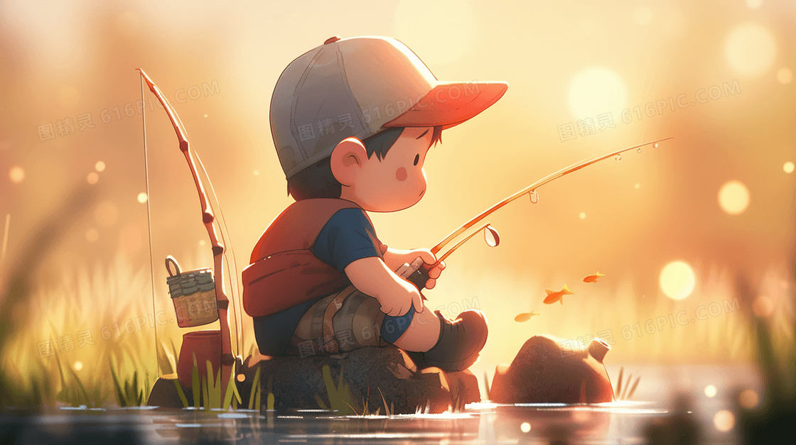 3D立体卡通钓鱼的小男孩唯美插画