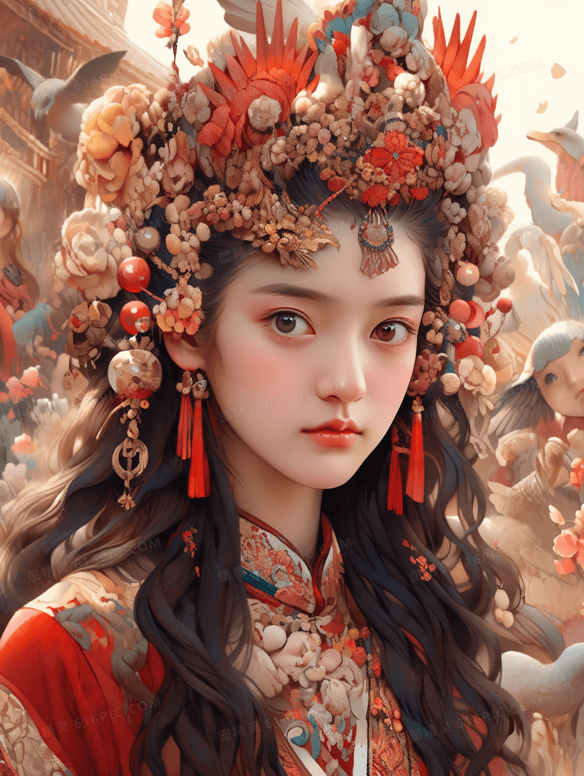 国潮风长发古典美女人物插画