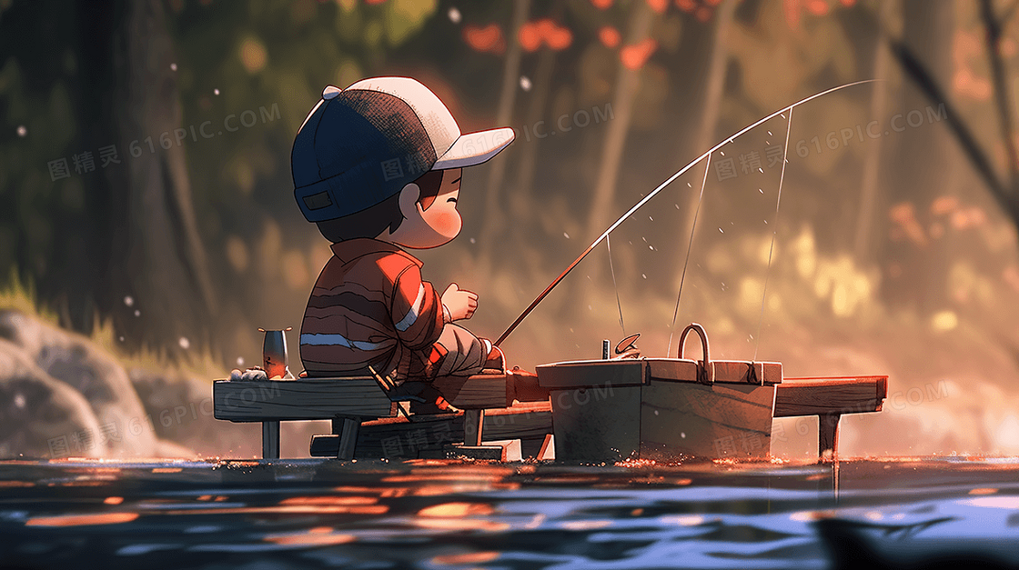 3D立体卡通钓鱼的小男孩唯美插画