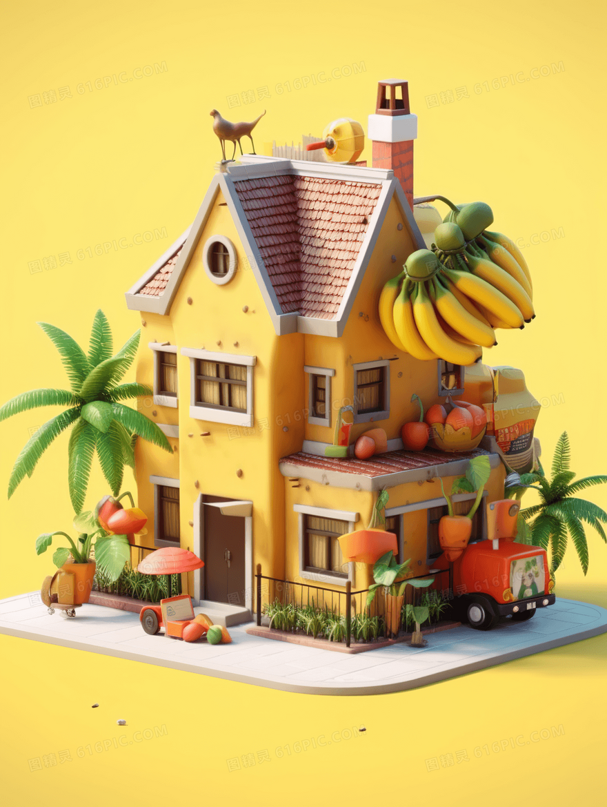 黄色3D立体C4D几何建筑模型插画