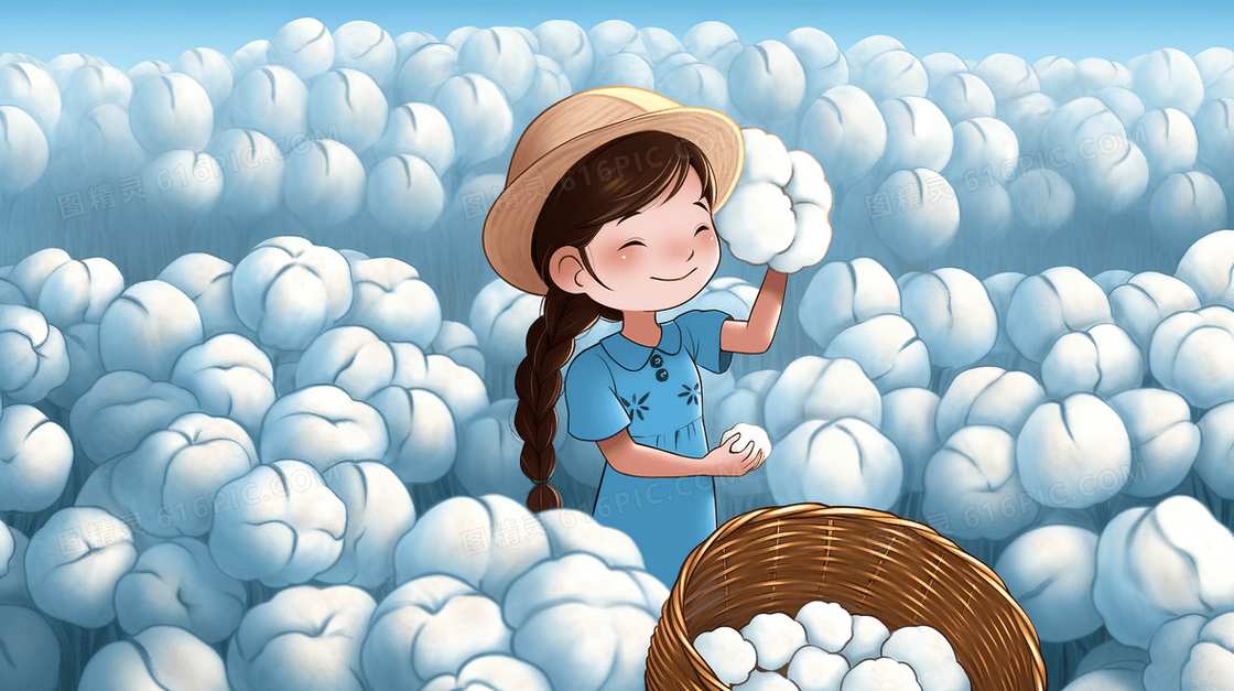 卡通可爱女孩抱着一篮子棉花在田里开心的笑了创意插画