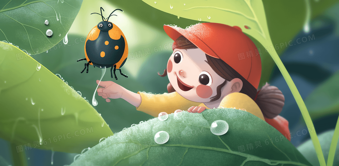 下雨天可爱卡通女孩在森林里观察昆虫创意插画