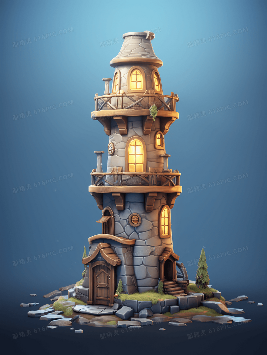 3D立体卡通魔幻塔楼模型插画