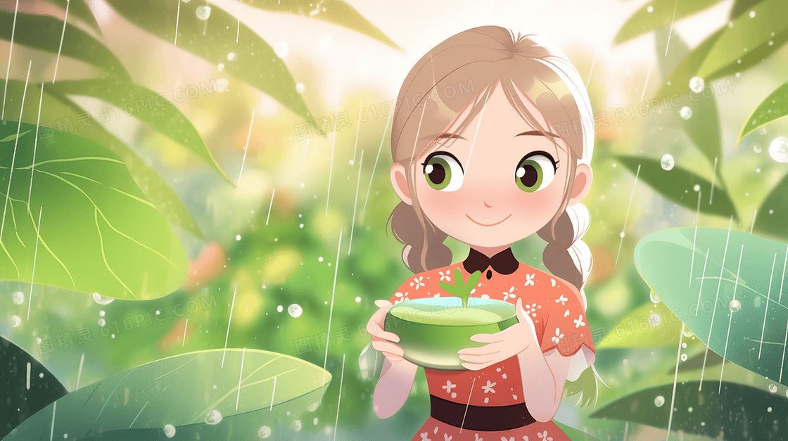 下雨天可爱卡通女孩捧着玻璃瓶接叶子上的水珠创意插画
