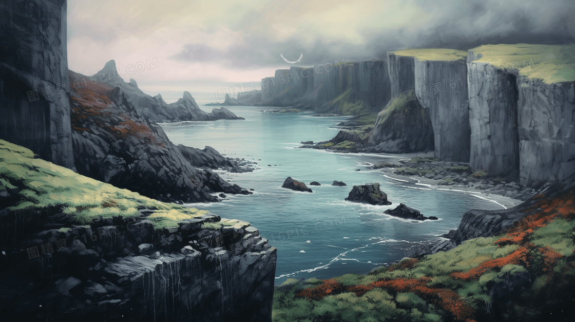 海边壮观峡谷悬崖创意风景插画