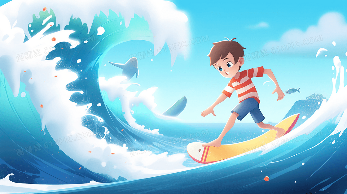 可爱卡通男孩在海面上玩冲浪创意插画