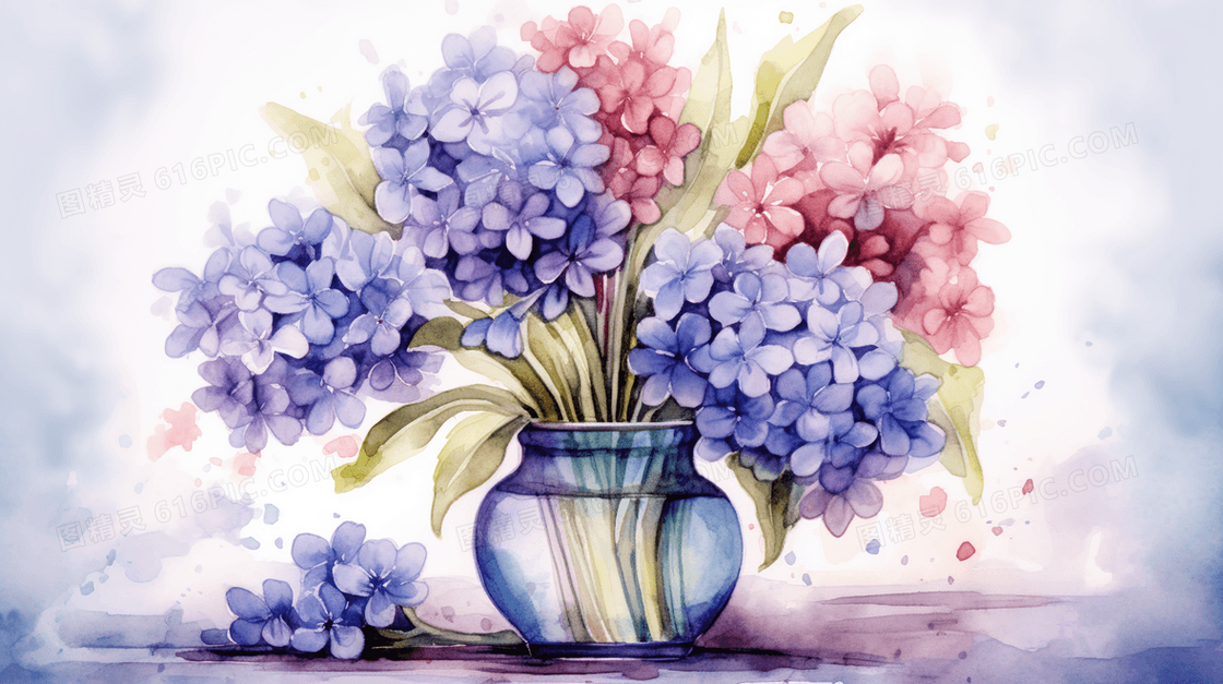 水彩质感绣球花花瓶摆件插画