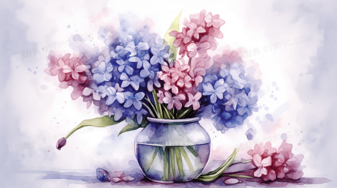 水彩质感绣球花花瓶摆件插画