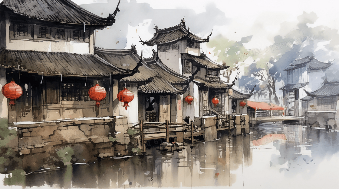 中国风唯美古建筑风景插画