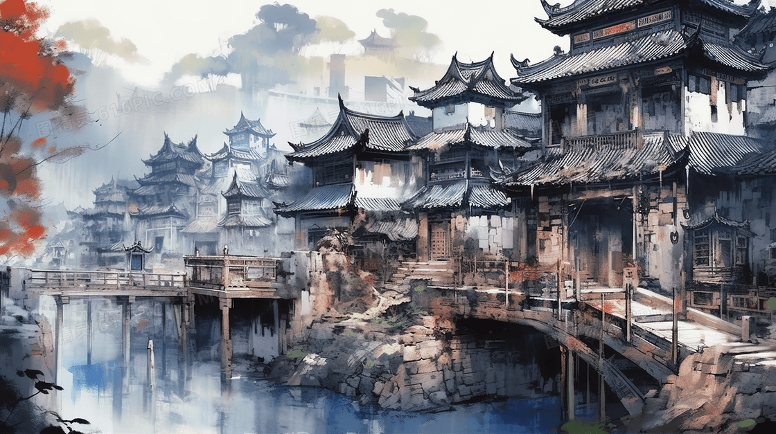 中国风唯美古建筑山水风景插画