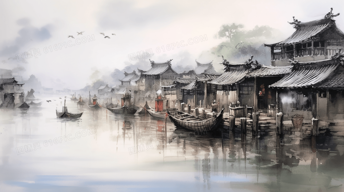 中国风唯美古建筑风景插画