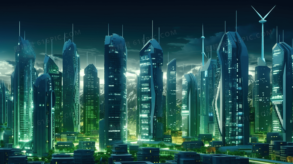 唯美科技感城市建筑风景插画