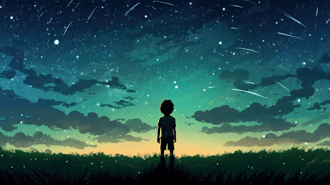 星空下的卡通小男孩人物插画