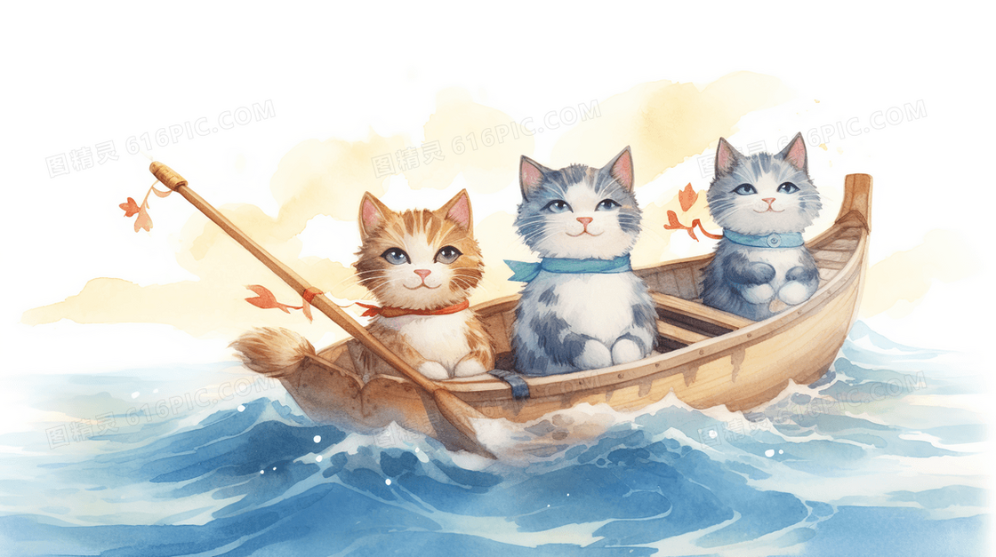 卡通萌宠小猫咪划船插画