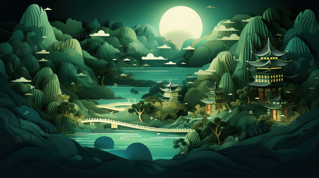 绿色剪纸风古建筑山水风景画
