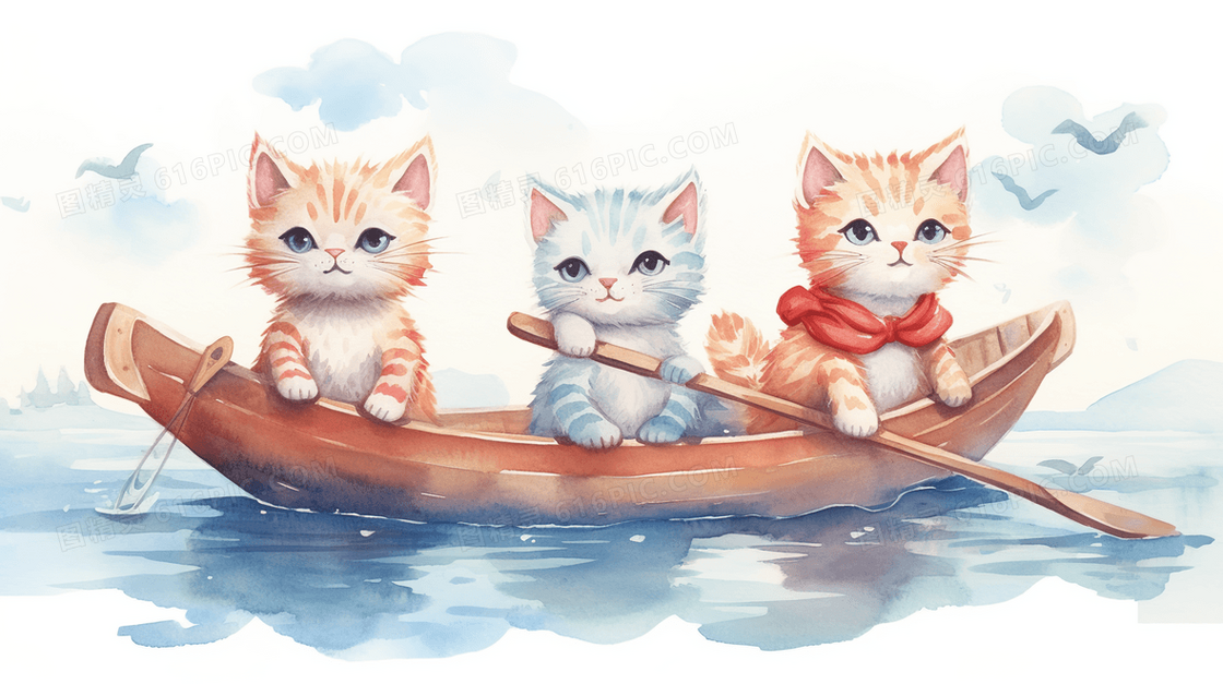 卡通萌宠小猫咪划船插画