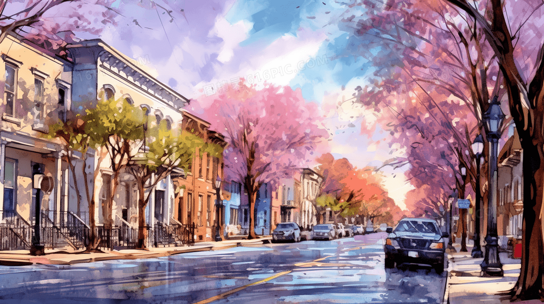 彩色唯美水彩城市风景插画