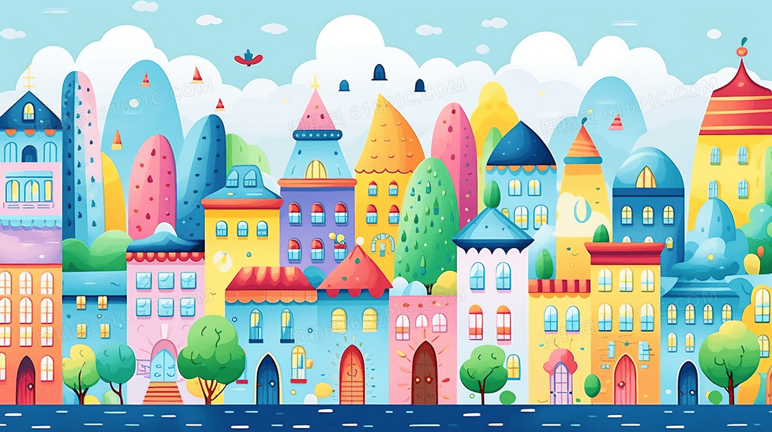 彩色手绘小镇街景建筑插画