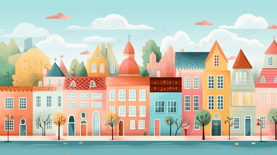 彩色手绘小镇街景建筑插画