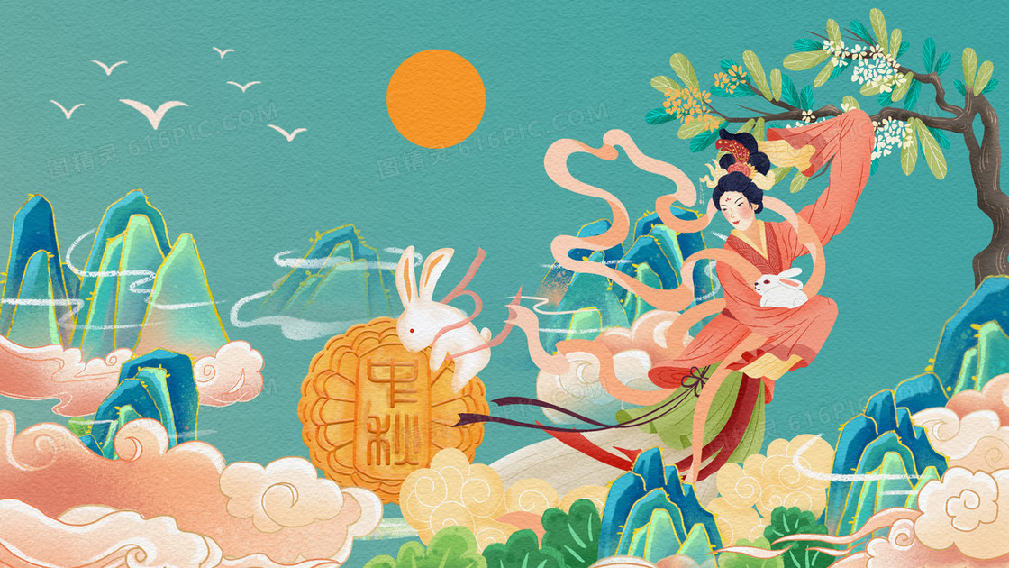 中秋嫦娥玉兔吃月饼创意古风插画