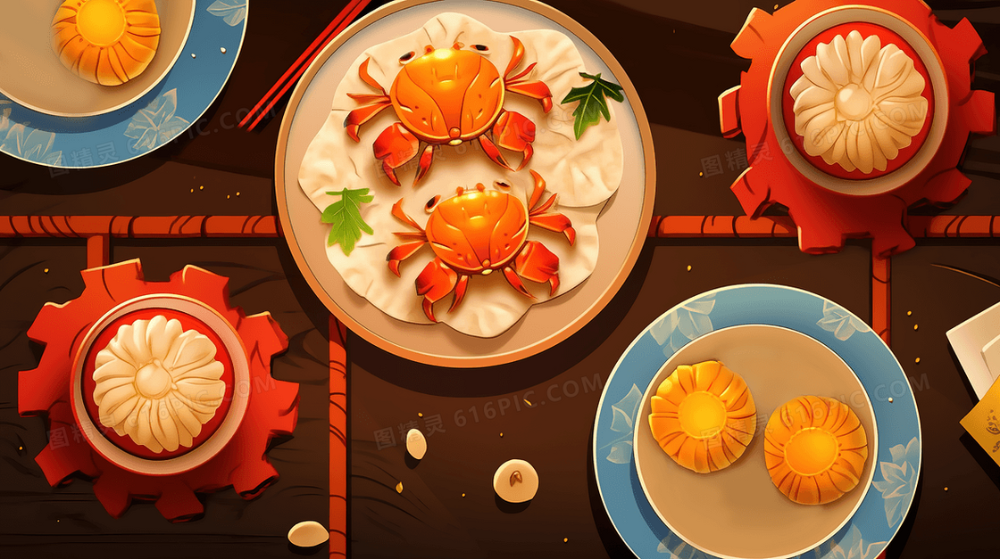 中秋节美味大闸蟹月饼创意美食插画