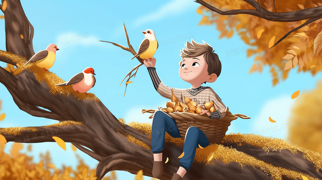 秋天可爱的男孩坐在树上给小鸟喂食创意插画