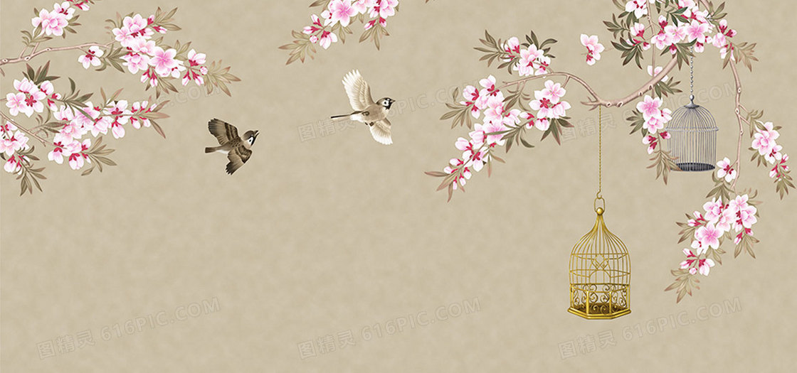 手绘中国风工笔花鸟背景墙装饰画