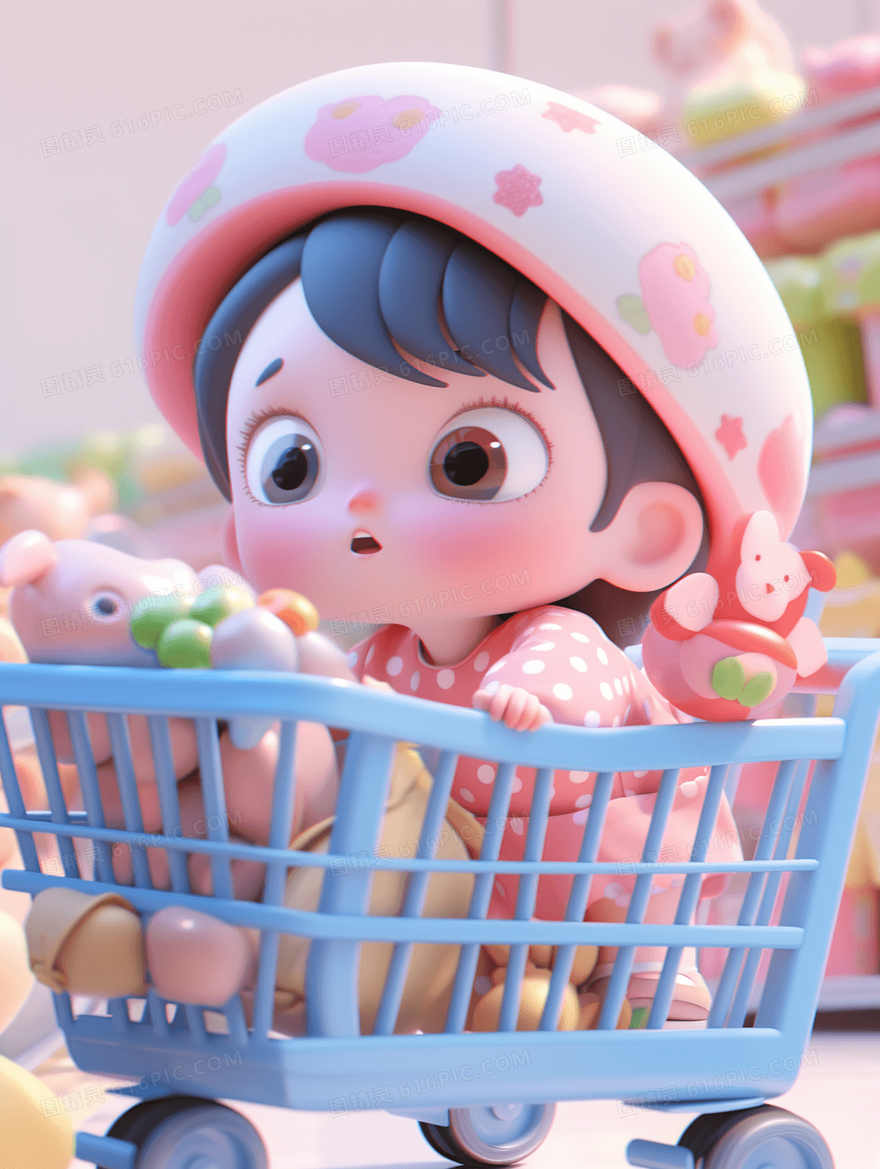 3D立体购物车中的卡通小女孩人物插画