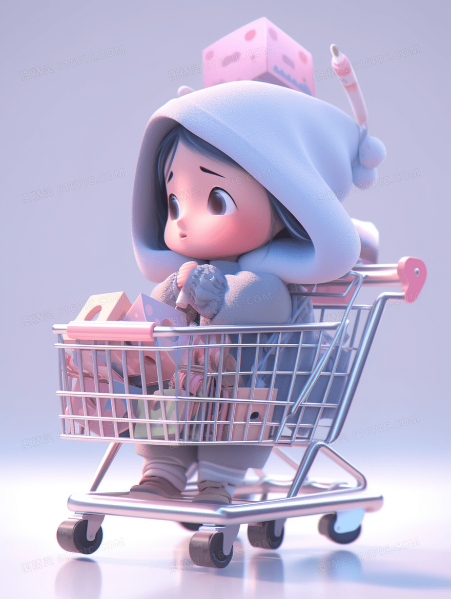 3D立体购物车中的卡通小女孩人物插画