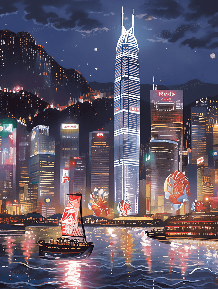 繁华大都市夜景城市建筑风景插画