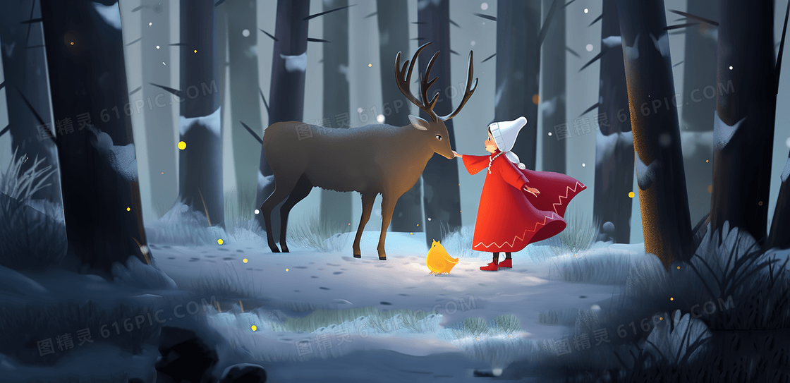 冬季森林穿红色斗篷的少女和白色的麋鹿创意插画