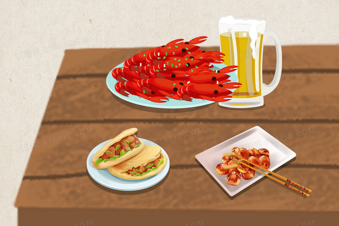 夜宵食物肉夹馍小龙虾手绘插画