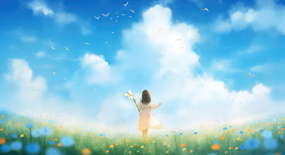 唯美小清新蓝天白云花海中的少女背影创意插画
