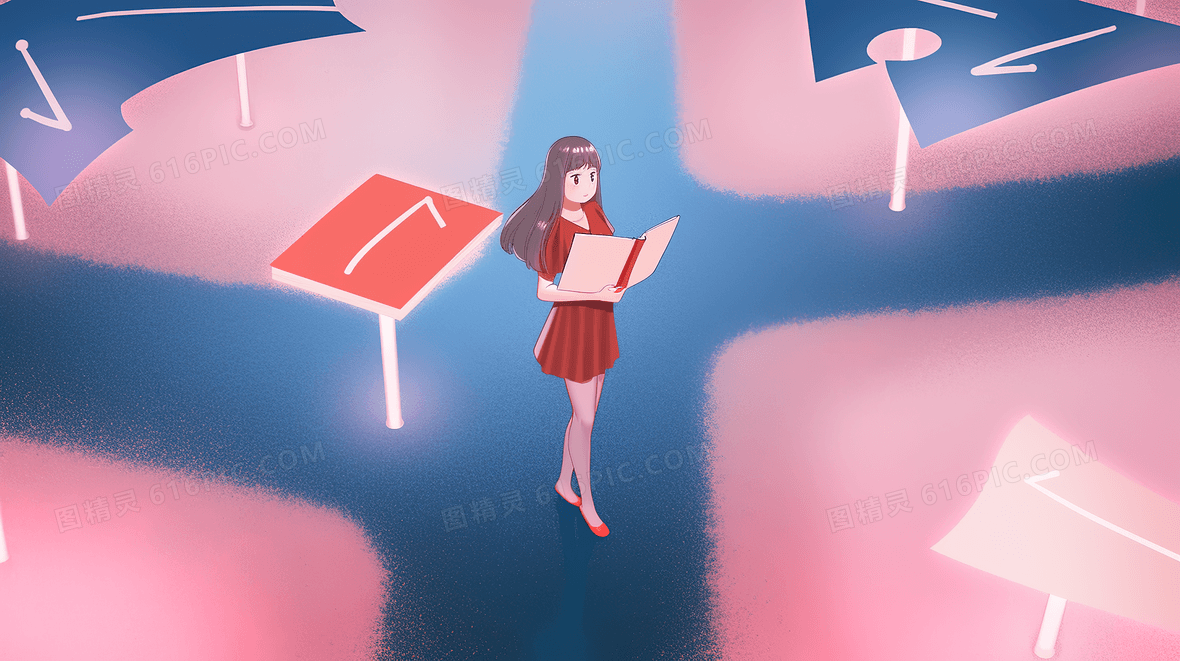 大学生毕业后在人生的十字路口对未来感到迷茫创意插画