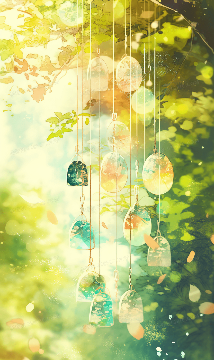 盛夏阳光下透明的玻璃风铃水彩插画