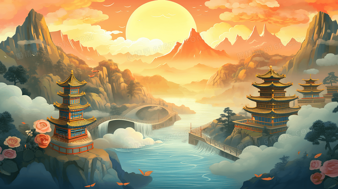  大气雅致国潮中国风山水风景画