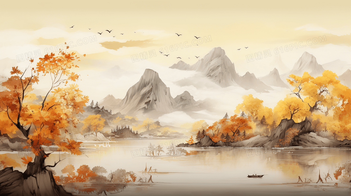 中国风唯美山水水墨风景插画