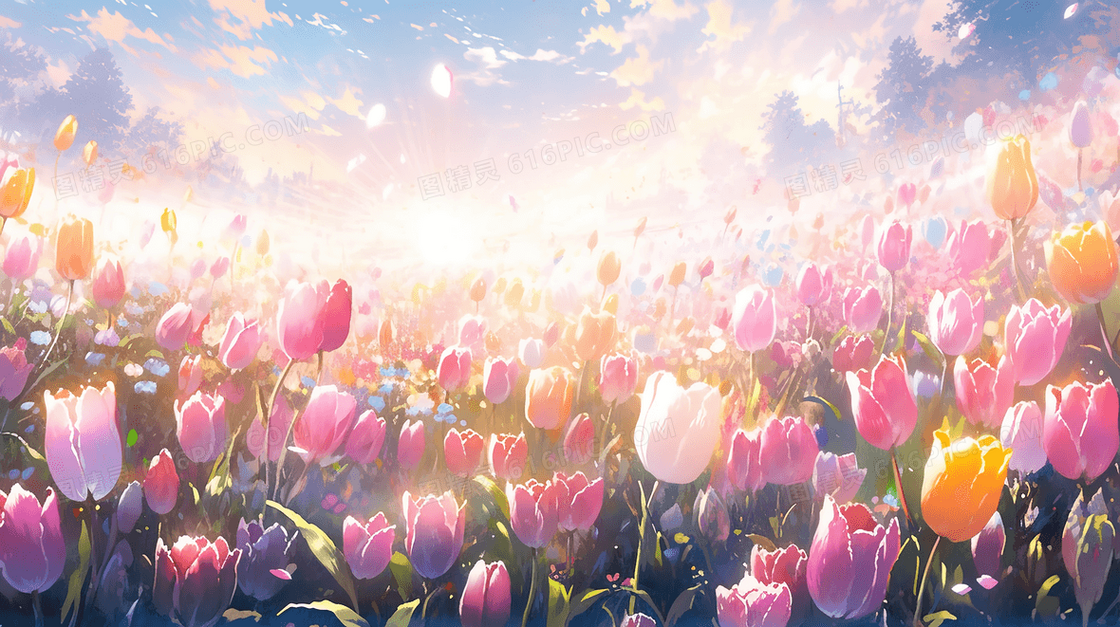 彩色唯美意境花瓣风景插画