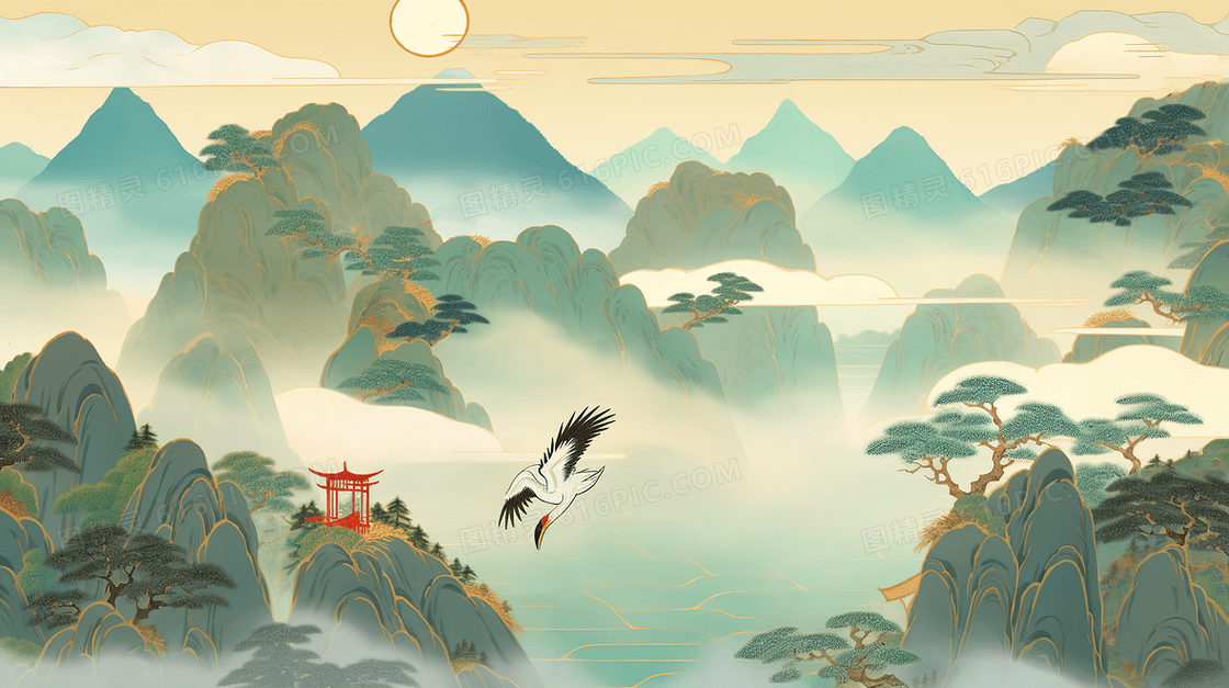 雅致古典中国风山水画创意国潮插画
