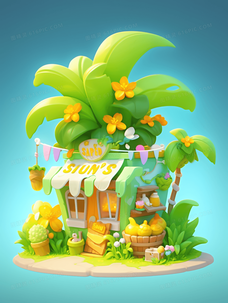 彩色3D立体C4D卡通小屋插画